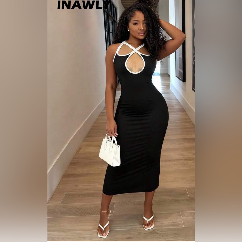 SHEIN Black and White Cross Halter Midi Dress